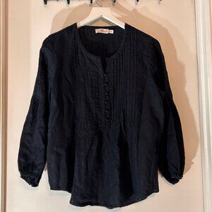 Vineyard Vines 100% Linen Pintuck Blouse Navy Long Sleeve Button Front Size M